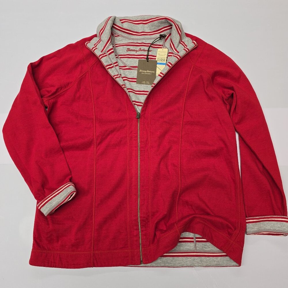 NWT TOMMY BAHAMA Reversible Striped‎ Red and Gray Full Zip Up Jacket Women's XL